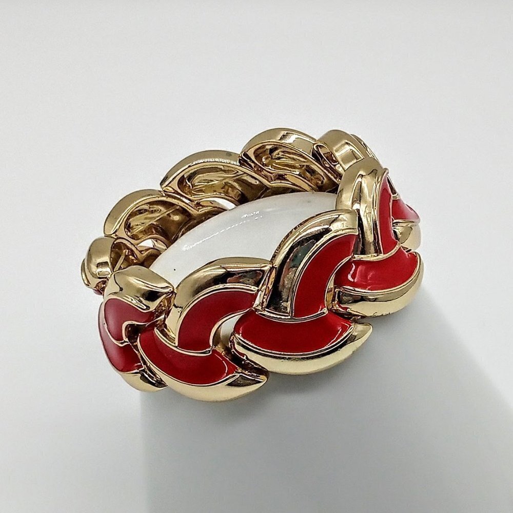 Red Enamel Braid Wide Gold-Finish Fashion Stretch Bracelet